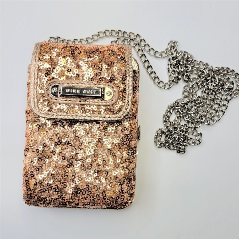 NINE West Champagne Gold Crossbody Purse Credit Card Purse Evening Wristlet